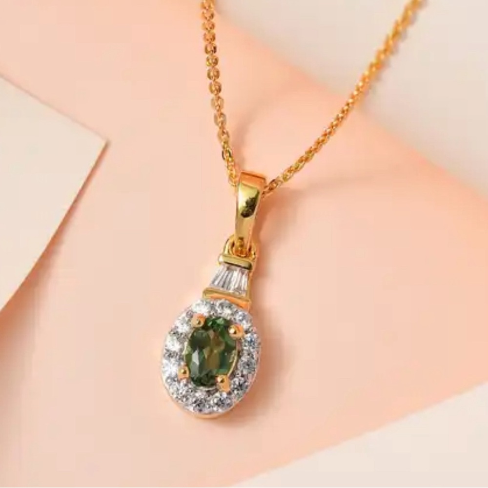 Tanzanian Natural Green Apatite & White Zircon Halo Pendant 20” Necklace